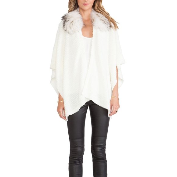 Alice + Olivia Fur Collar Poncho Shawl Open Sweater - Picture 2 of 7